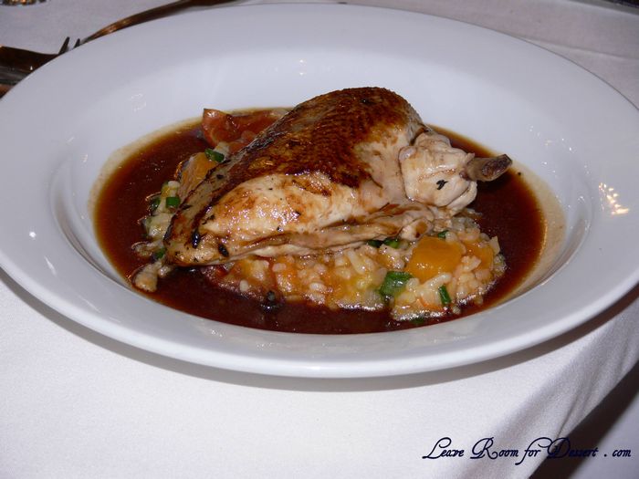 Seared Chicken Breast on Caramelized Pumpkin, Tomato and Spring Onion Risotto, Veal Jus