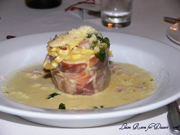Fettucine wrapped with Prosciutto and topped with Carbonara