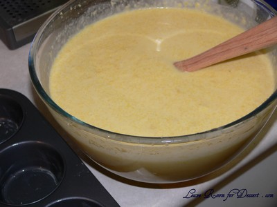 cornbread2 It took a bit of mixing to get to this stage, and was a bit lumpy (perhaps we should have added the creamed corn and milk a bit at a time)