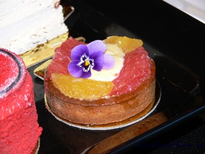 “!” - Smoked rice orange brulee, violet curd, pate sable with mandarin and ruby grapefruit segments.