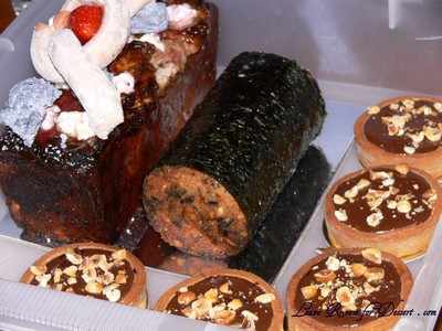 Smoked toasted marshmallow & chocolate cake, Carrot and seaweed teacake  and Gianduja ganache with caramel in a pate sable shell