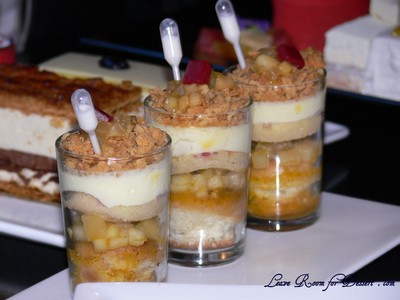 “S” - Tea and passionfruit soaked pears & savarin, lavender saffron mascarpone creme, crumble, raspberry jelly, coconut rehydration pipette.