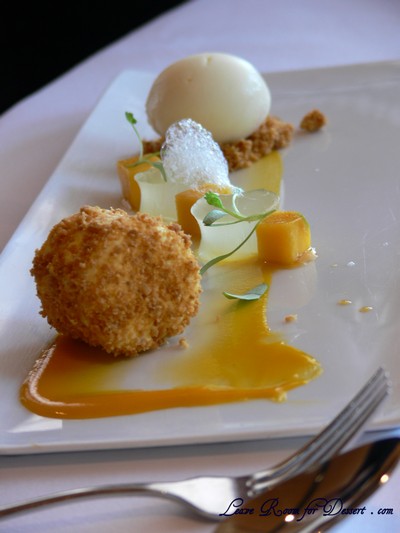 Mango - cheese cake with ginger crumble, lime jelly and roasted pineapple sorbet