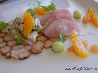 Kingfish - sashimi and cerviche with octopus carpaccio, cucumber and citrus