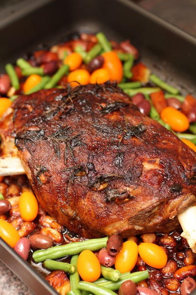 Five Hour Roasted Lamb with Beans and Olives